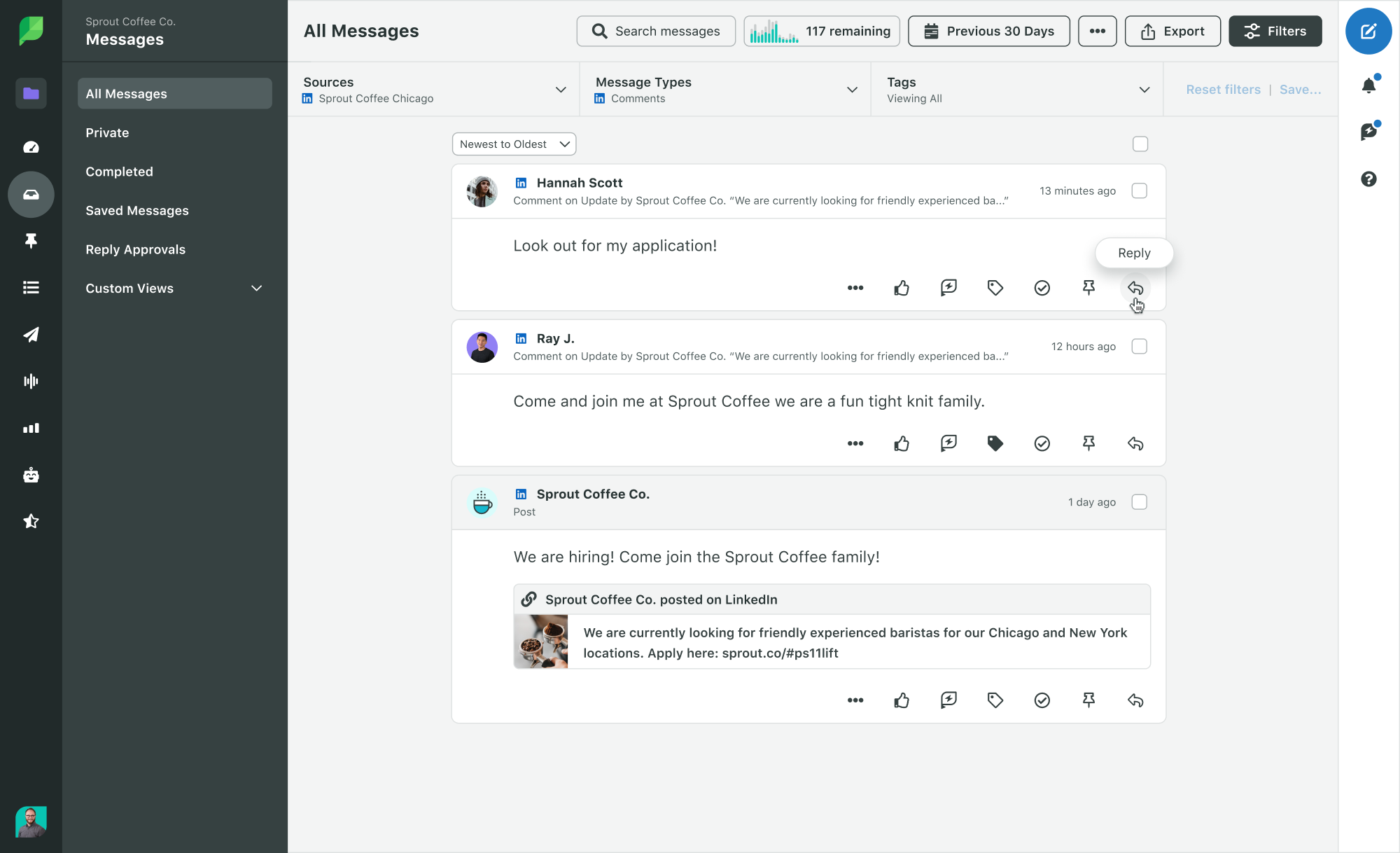 Sprout Social Product Image of Engagement Smart Inbox with LinkedIn Filters Selected and Reply Hover.
