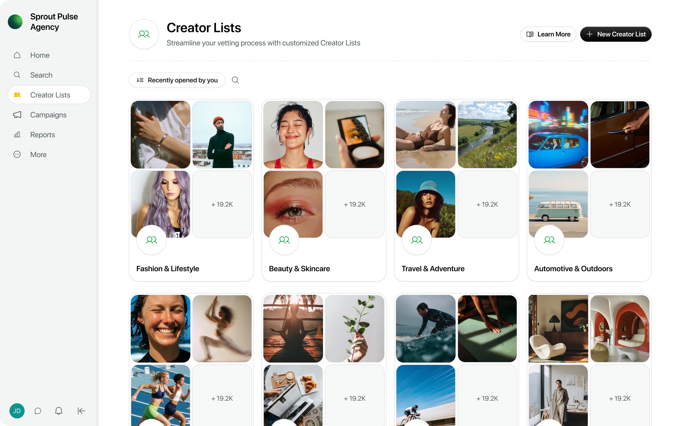 Sprout Social’s Influencer Marketing Platform shows an influencer profile behind the “Save to Creator Lists” window