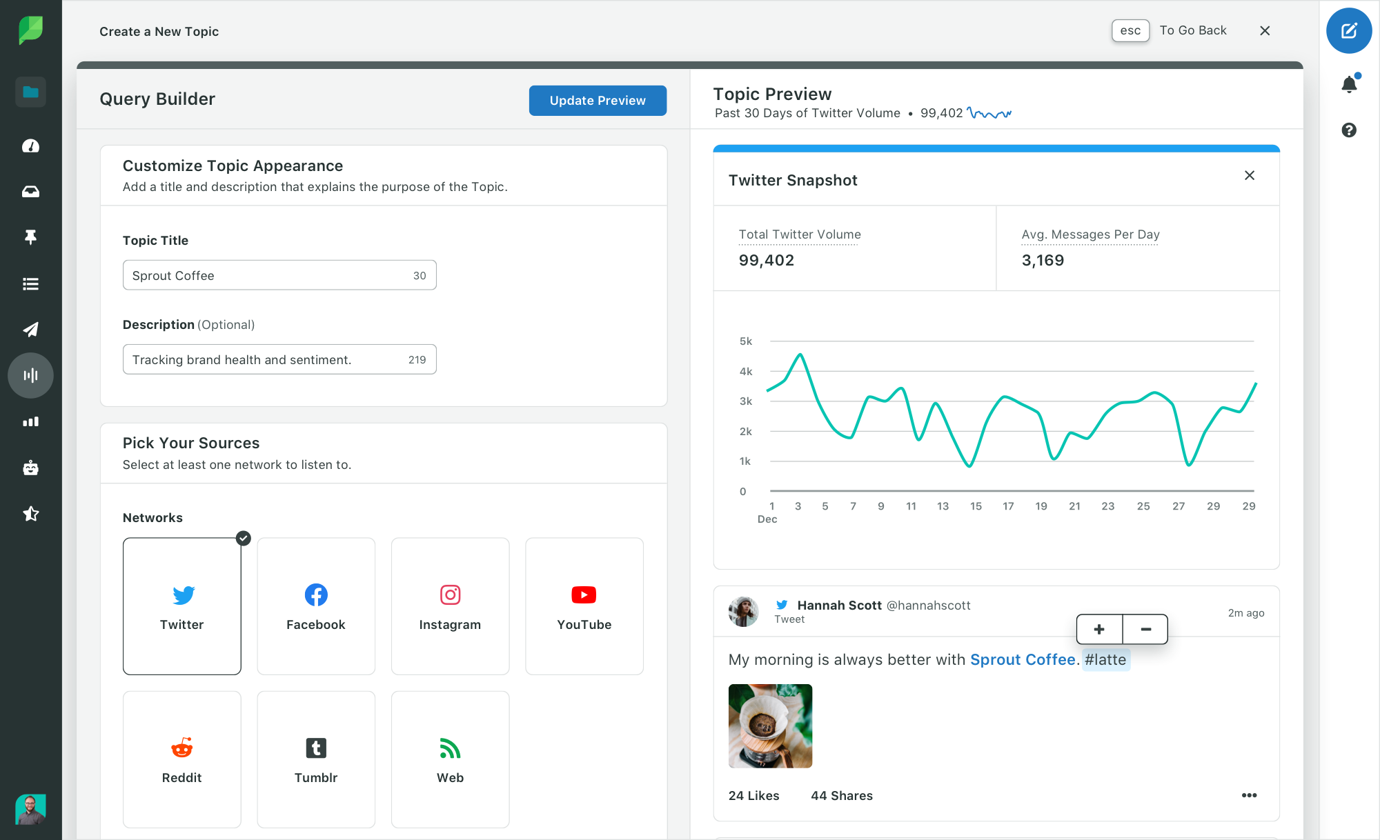 The Listening Query Builder within the Sprout Social platform, where you can see how to create a new topic to track brand health and sentiment