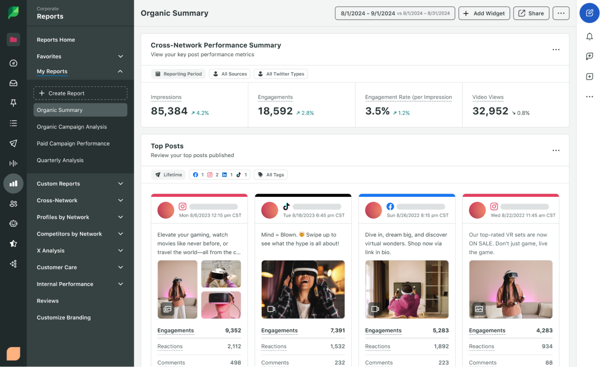 A laptop screen shows the Sprout Social analytics dashboard, highlighting how it tracks key social media metrics like impressions, engagements, engagement rate‌ and link clicks, along with examples of top-performing posts.