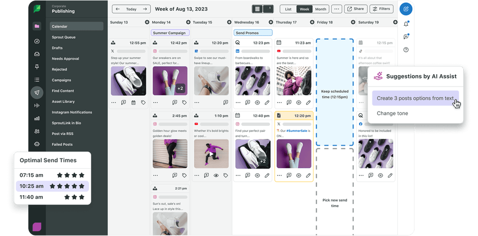 Sprout Social-Produktbild der Publishing Week-Ansicht mit der Drag-and-Drop-Funktion.​​ 