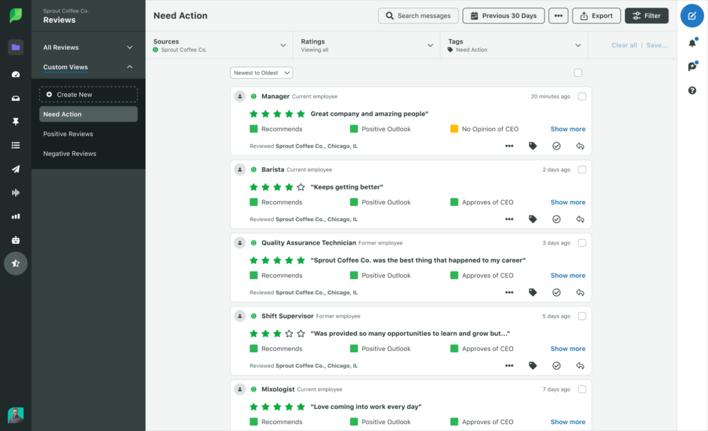Glassdoor reviews populating in the Sprout Social platform. From this feed, it's intuitive to respond to reviewers.
