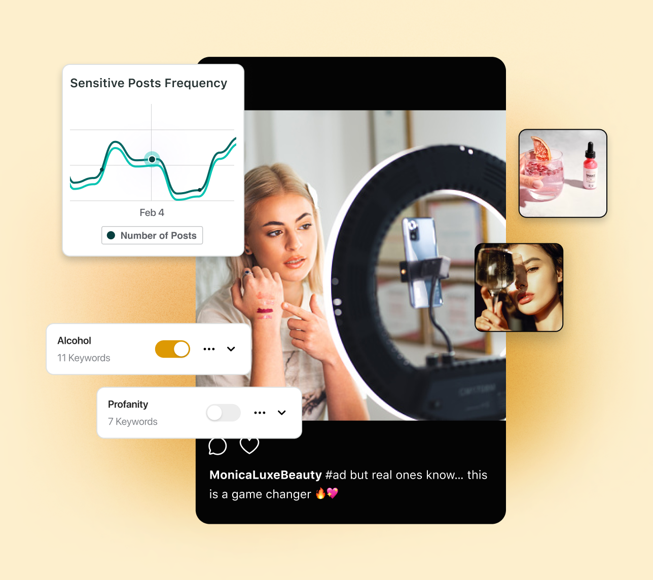 A example of Sprout Social Influencer Marketing product UI showing an influencer's post with follower count, engagement rate‌ and estimated fee. The platform allows filtering by brand safety.