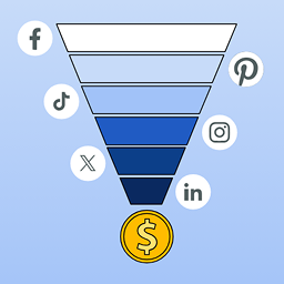 A funnel graphic with social media logos (Facebook, TikTok, Pinterest, Instagram, Twitter, LinkedIn) leading to a dollar sign at the bottom, representing the social media conversion process.