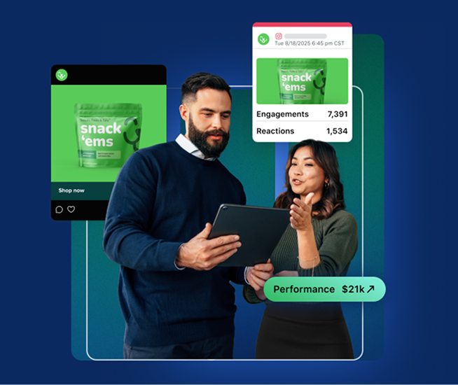 Two people looking at mobile phone screens displaying social media content and data, representing social media ROI.