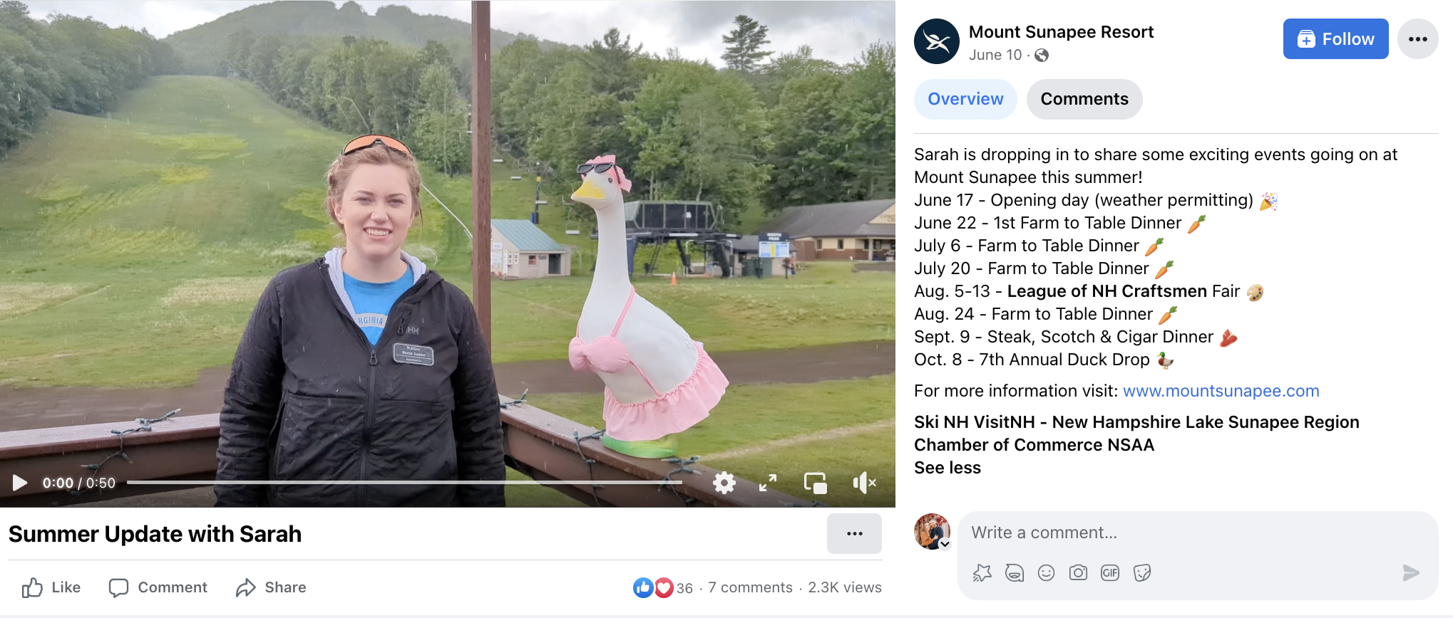 A screenshot of a Facebook post from Mount Sunapee Resort. The post contains a video of a team member named Sarah explaining events coming up in the summer months, and the caption provides viewers with a list of all the events and a link to sign up.