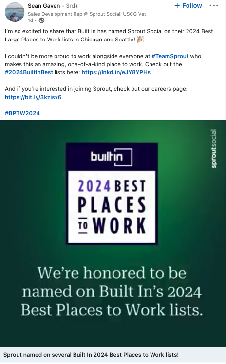 A LinkedIn post from a Sales Development Rep highlighting a recent win.