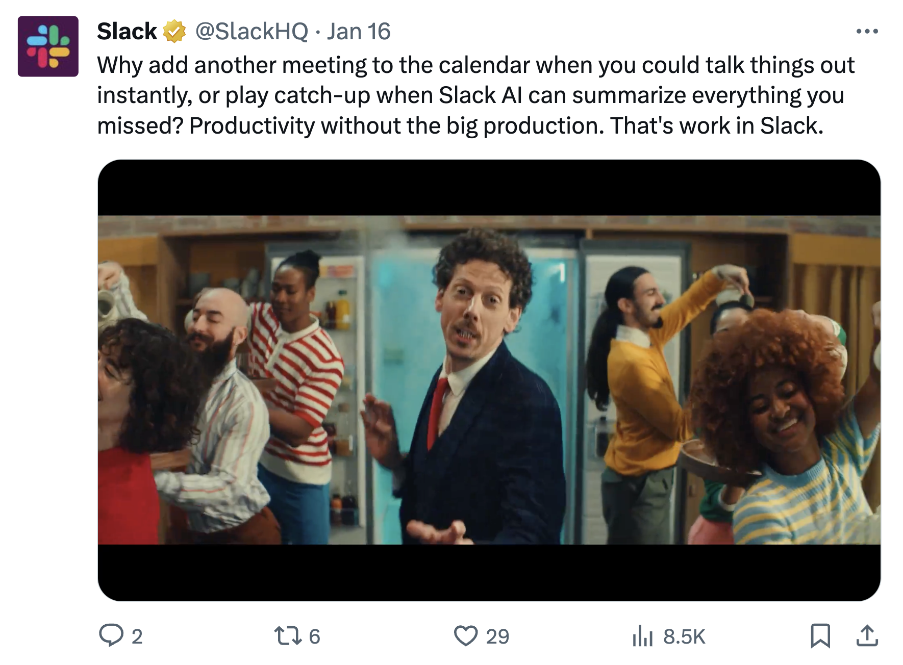 X post from Slack promoting Slack AI with an engaging video.