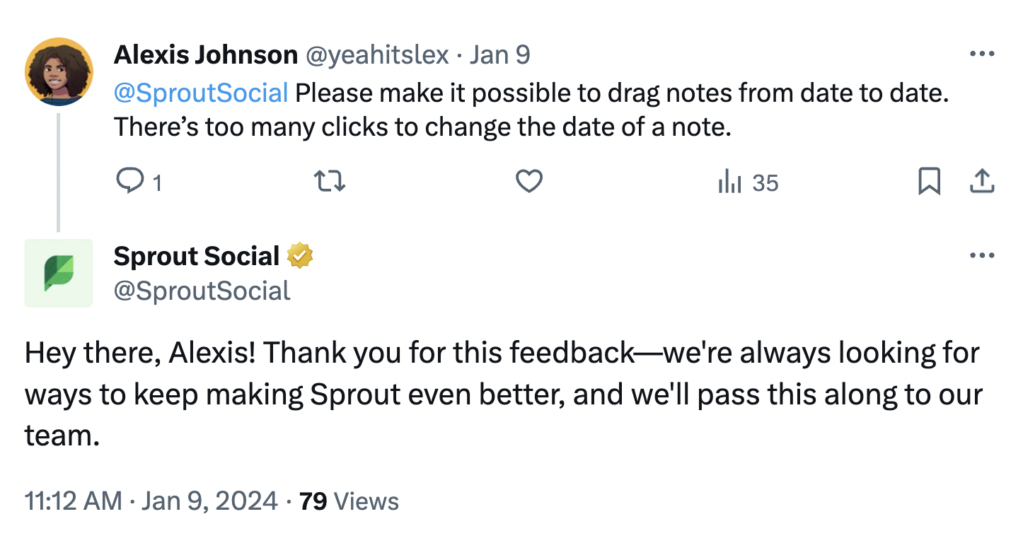 An X post showing Sprout Social replying to a feature request.