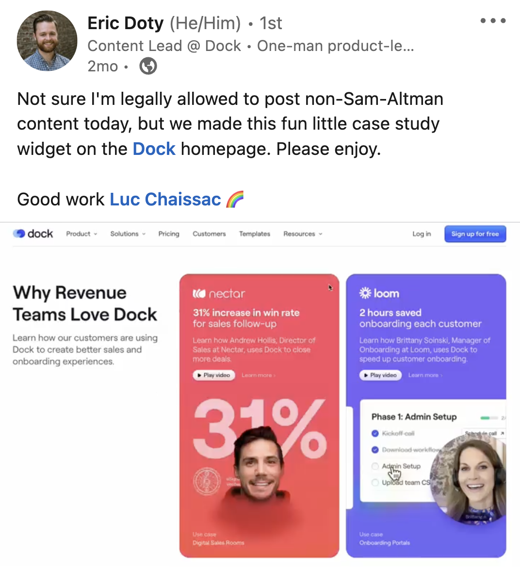 A LinkedIn post from Dock's Content Lead promoting its new case study widget.