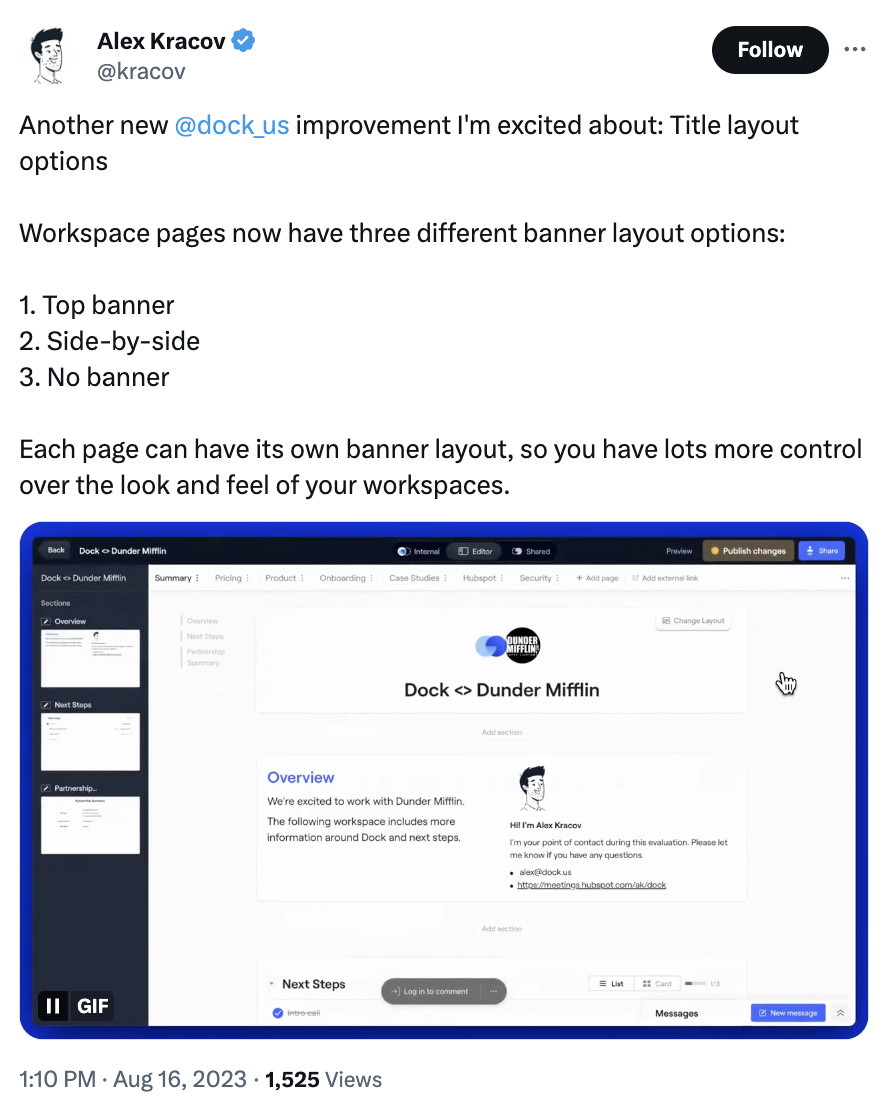 An X post from Dock's CEO promoting its new title layout options.