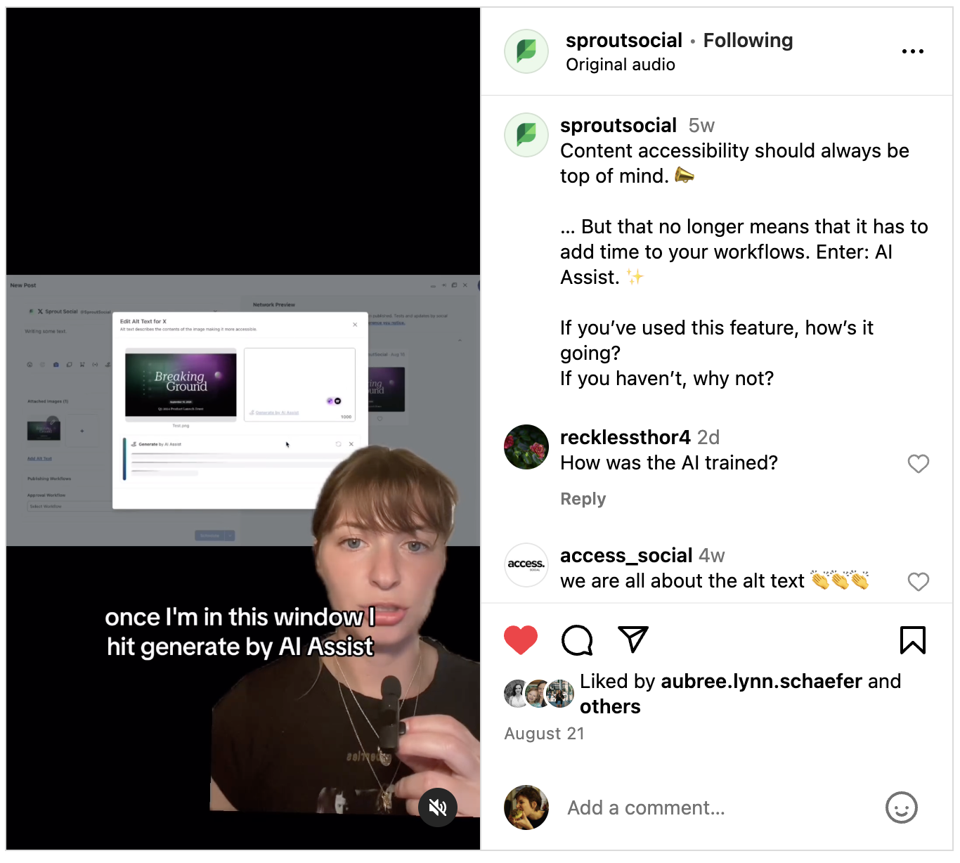 Instagram Reel featuring team member Olivia Jepson, showing how Sprout's social team uses Generate by AI Assist to create alt text.