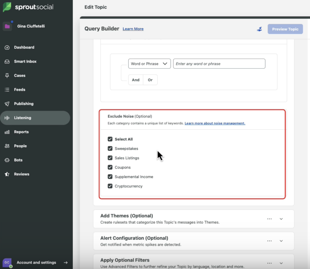 The Query Builder's Exclude Noise capability ensures that all comments with a unique set of keywords are excluded
