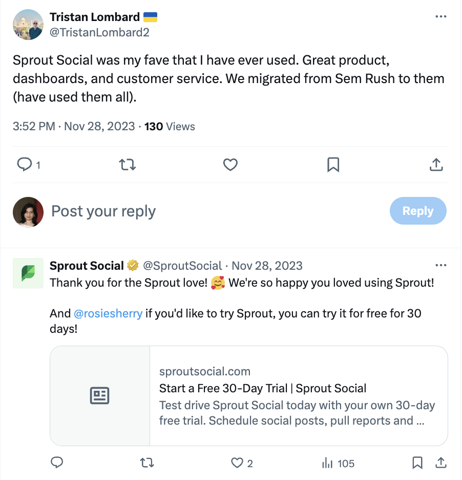 An X post from a new Sprout user that mentions other entities aka brand names. The post says, "Sprout Social was my fave that I have ever used. Great product, dashboards, and customer service. We migrated from Sem Rush to them (have used them all)."