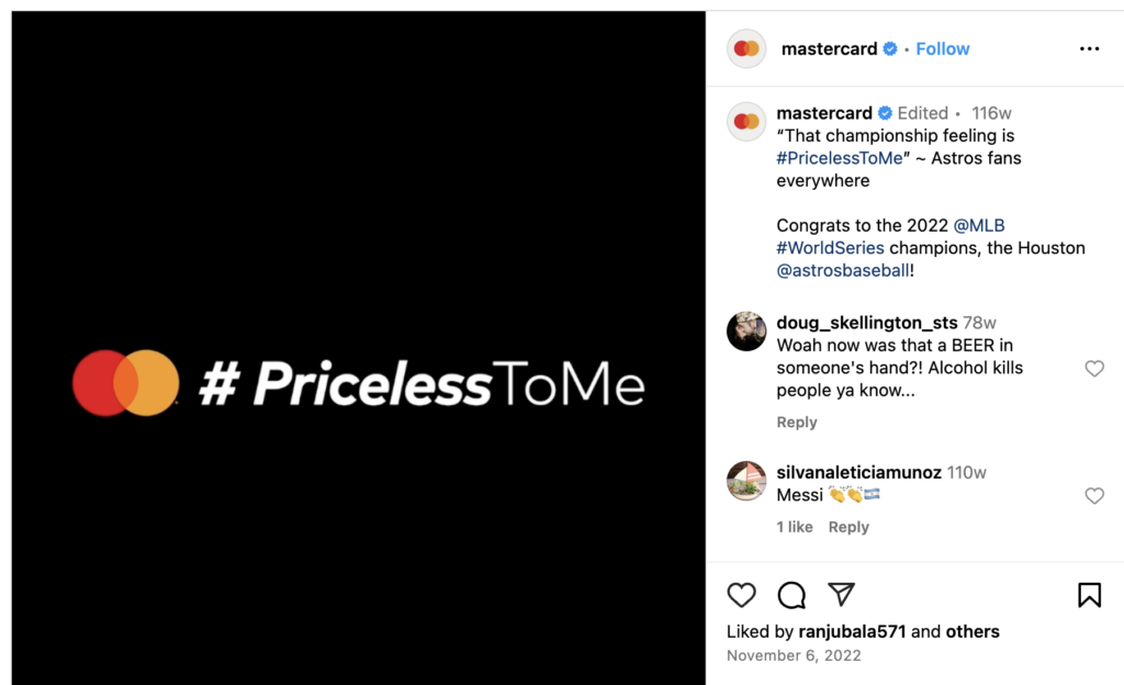 Mastercard's Instagram account showing customer conversations