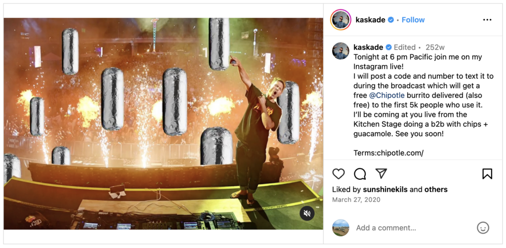 Kascade's Instagram post showing Chipotle's collaboration with celebrities like Colton Underwood (The Bachelor) and Kaskade to host lunch parties and gave away free burritos.