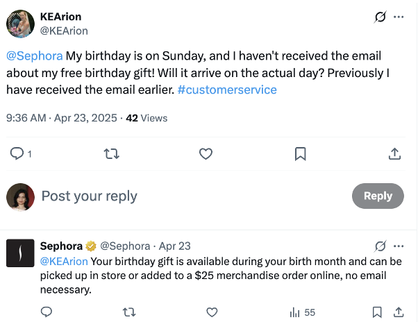 An X post @ mentioning Sephora that's asking a customer service question, and Sephora has provided a direct response in the comments.