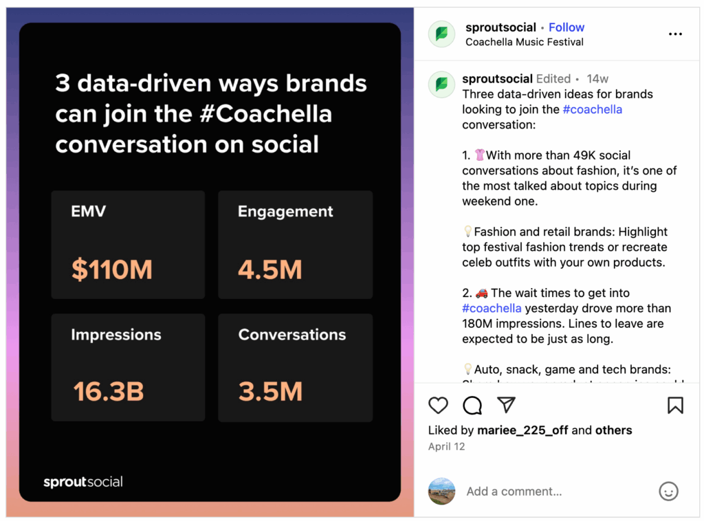 Sprout's Instagram post about trending #Coachella conversations got from Sprout's Listening tool