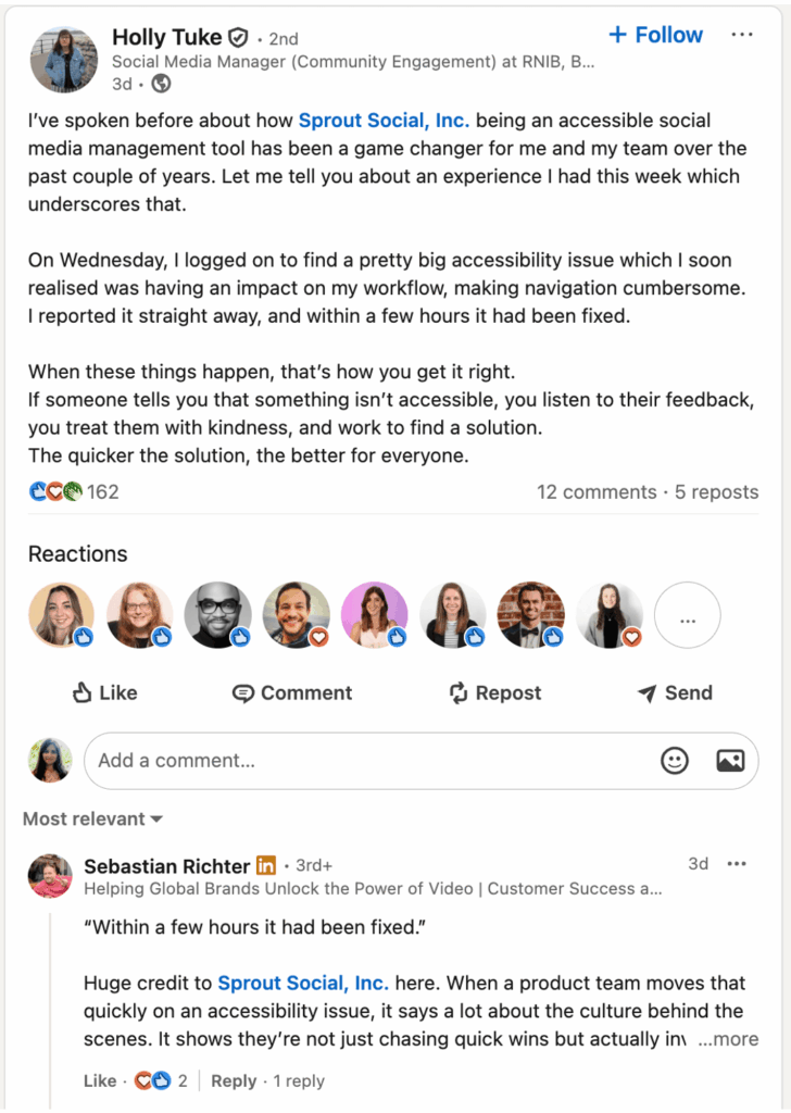 LinkedIn appreciation post from social media manager Holly Tuke on how Sprout's social team was able to resolve an issue with minimal downtime and win customer love.
