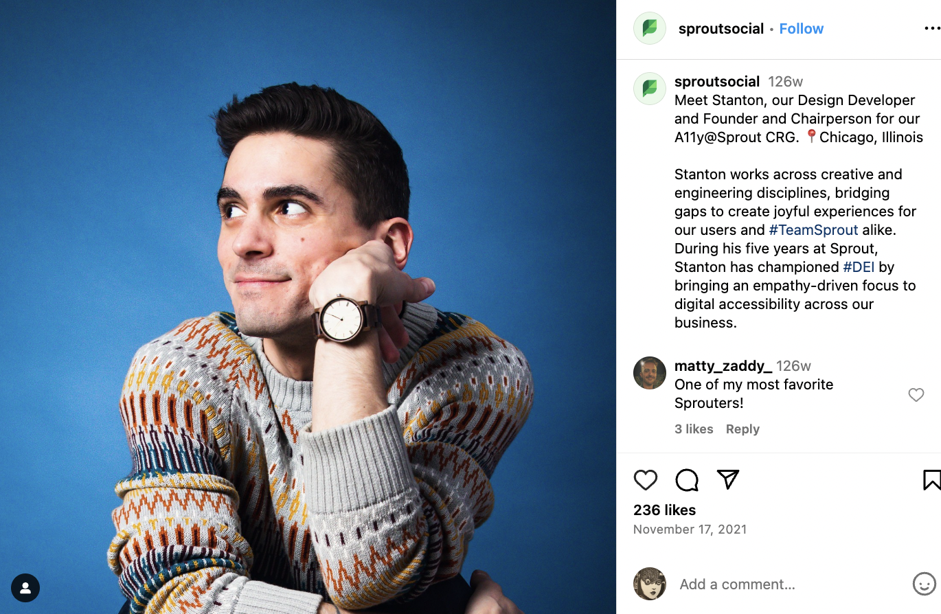 Sprout Instagram post featuring a Sprout team member smiling and looking sideways and a caption introducing them as Stanton, Sprout's Design Developer