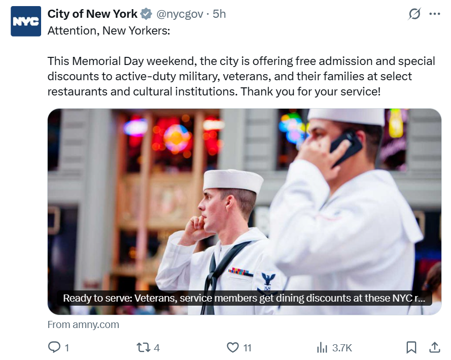 An X post from the City of New York account promoting free admission and discounts for active-duty military, veterans and their families.