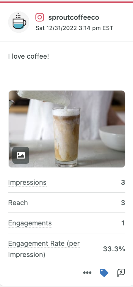 Example of a Sprout Social Post Performance Report summary on a single Instagram post.