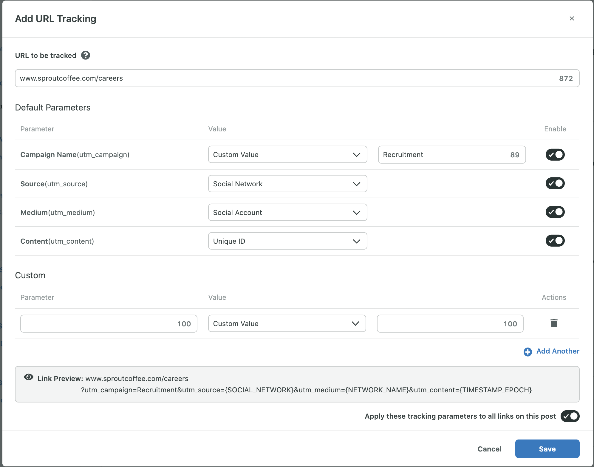Screenshot of a UTM tracking tool and outlining the link parameters by campaign, source and medium.