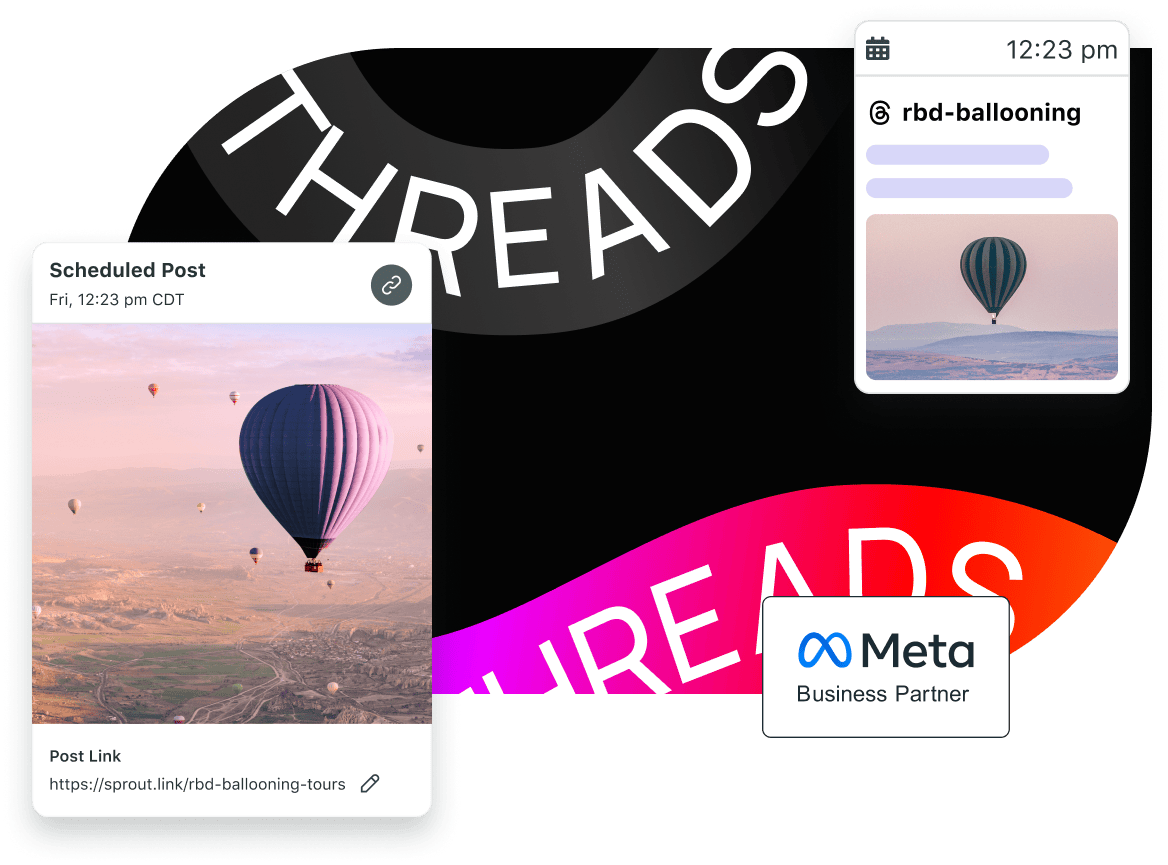 Threads - Business Partner di Meta, con varie immagini relative alla programmazione su Threads in Sprout Social.​​ 