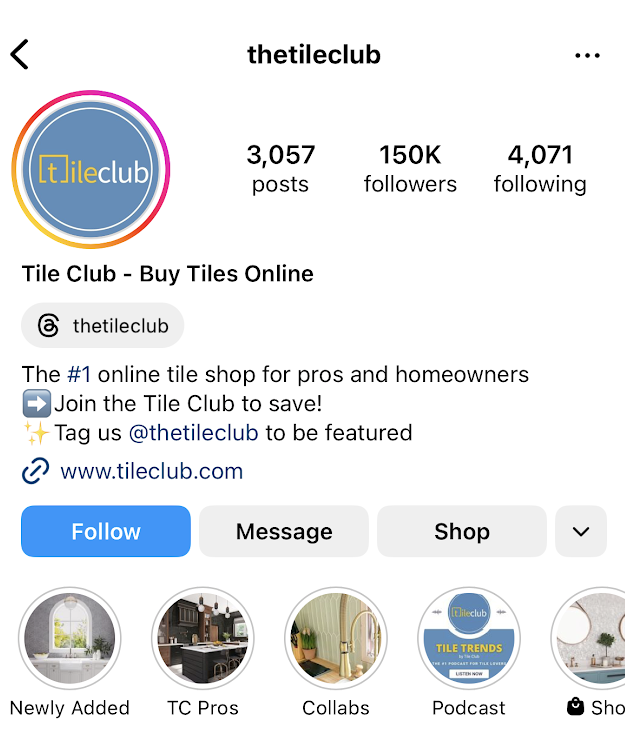 Tile Club instagram page featuring shop button