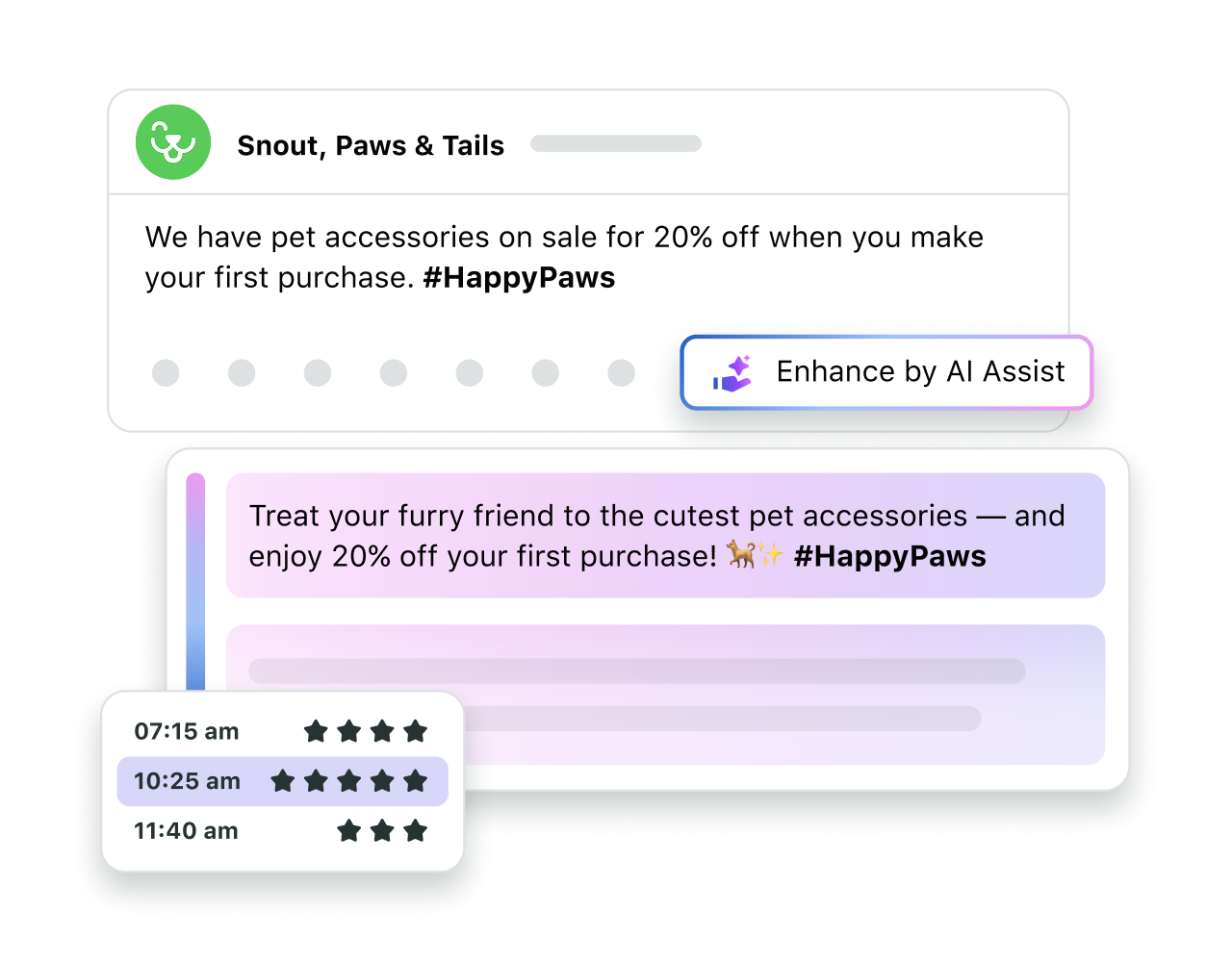 Product UI showing a 20% off offer before and after AI-enhanced text.
