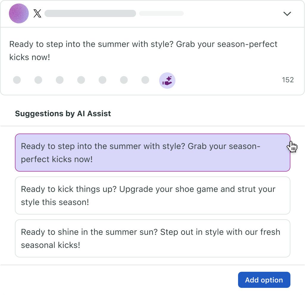 A compose window showing suggestions by AI Assist for an X (now Twitter) caption