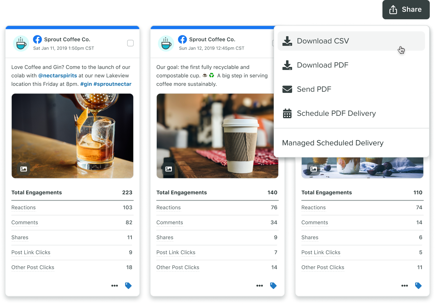 El botón Compartir permite a los usuarios descargar informes en archivos CSV y PDF, y enviar o programar la entrega del PDF por correo electrónico.​​ 
