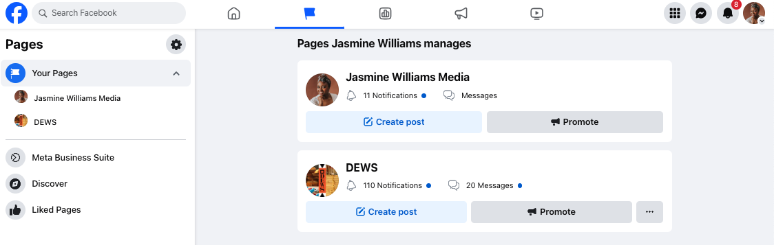 Facebook navigation interface showing a list of page management options on the left.